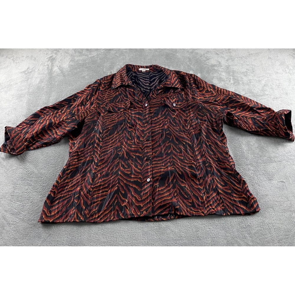 Erin London Womens 2X Tiger Stripe Animal Print Button Front Blouse Rust Black‎